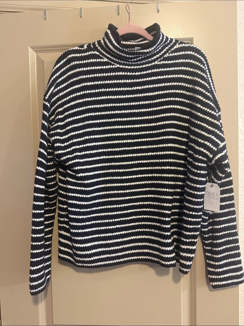 Time and Tru Navy and White Striped Cowl Neck Sweater